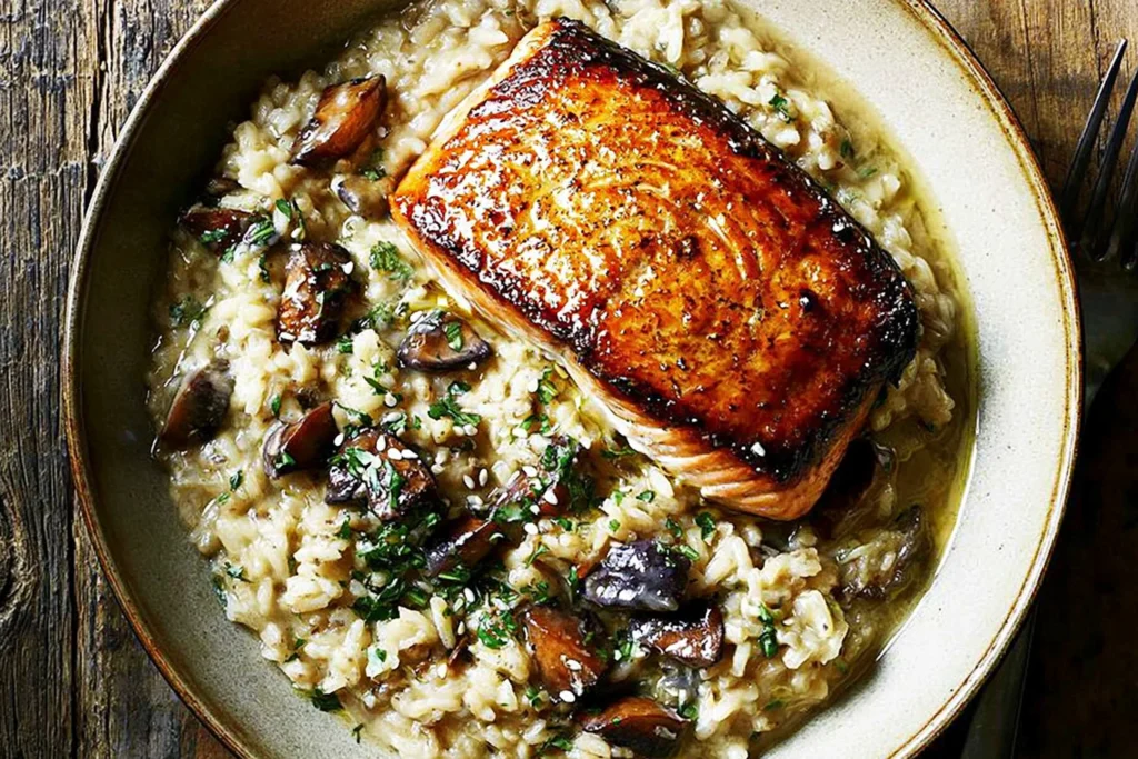 Japanese Style Risotto with Seared Salmon featuring crispy pan-seared salmon over creamy miso risotto with shiitake mushrooms and sesame seeds