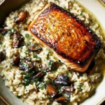 Japanese Style Risotto with Seared Salmon featuring crispy pan-seared salmon over creamy miso risotto with shiitake mushrooms and sesame seeds
