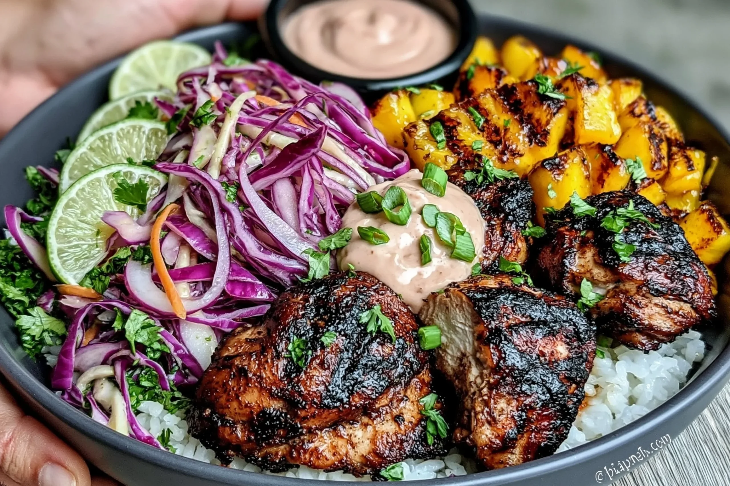 Jerk Chicken & Mango Slaw Bowls with grilled chicken, cabbage slaw, rice, and creamy honey lime sauce