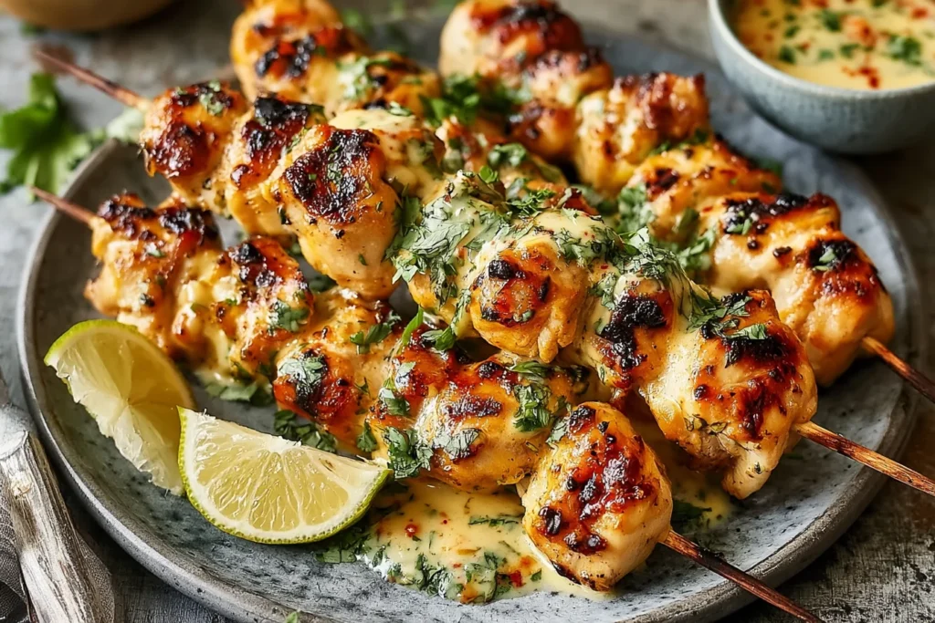 Cowboy Butter Chicken Skewers grilled to perfection with garlic butter sauce, fresh parsley, and lime wedges