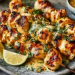 Cowboy Butter Chicken Skewers grilled to perfection with garlic butter sauce, fresh parsley, and lime wedges