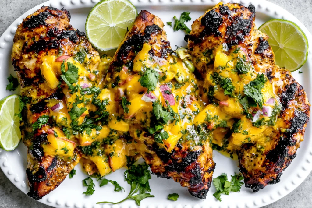 Grilled Mango Lime Chicken with charred glaze, topped with fresh mango salsa and cilantro, served with lime wedges