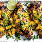 Grilled Mango Lime Chicken with charred glaze, topped with fresh mango salsa and cilantro, served with lime wedges