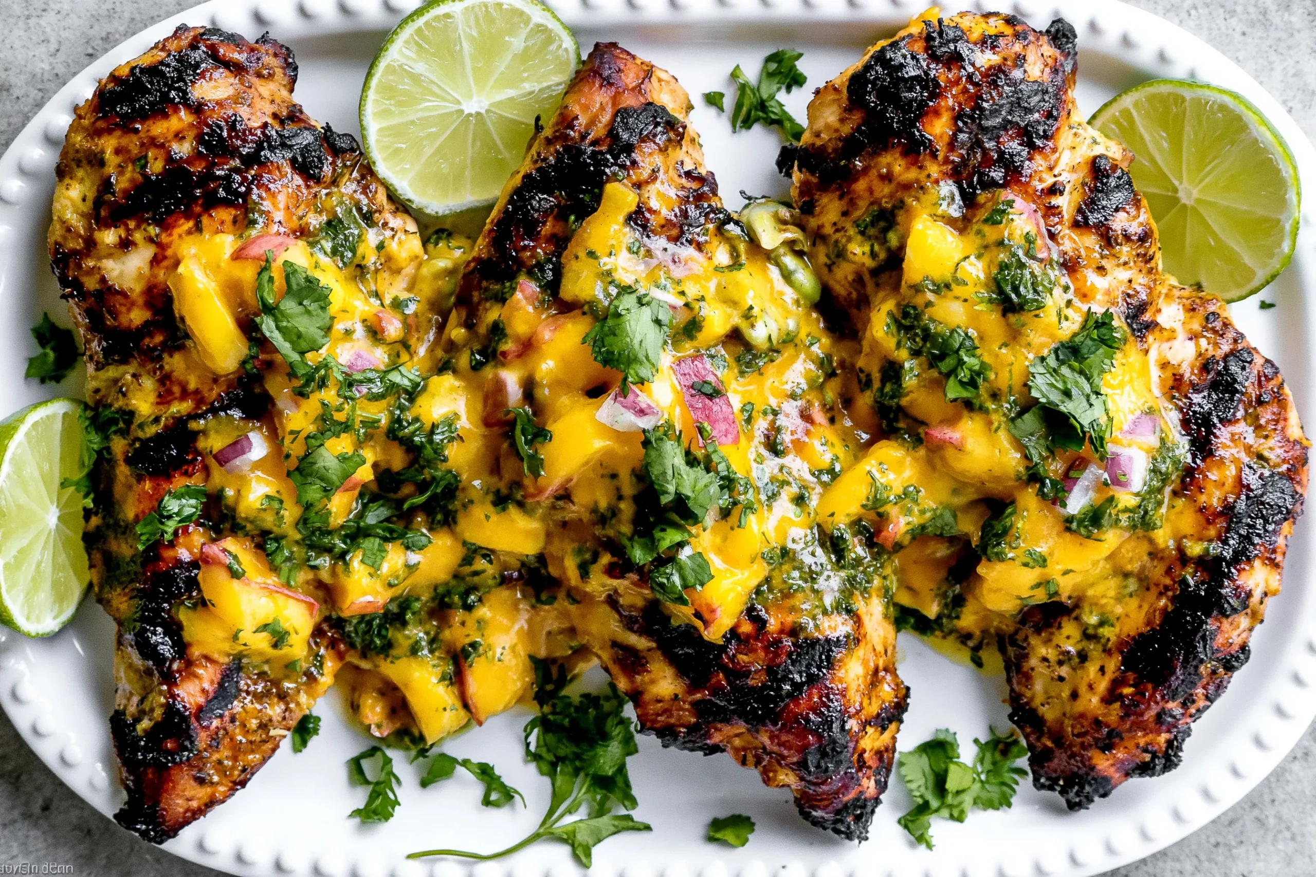Grilled Mango Lime Chicken with charred glaze, topped with fresh mango salsa and cilantro, served with lime wedges