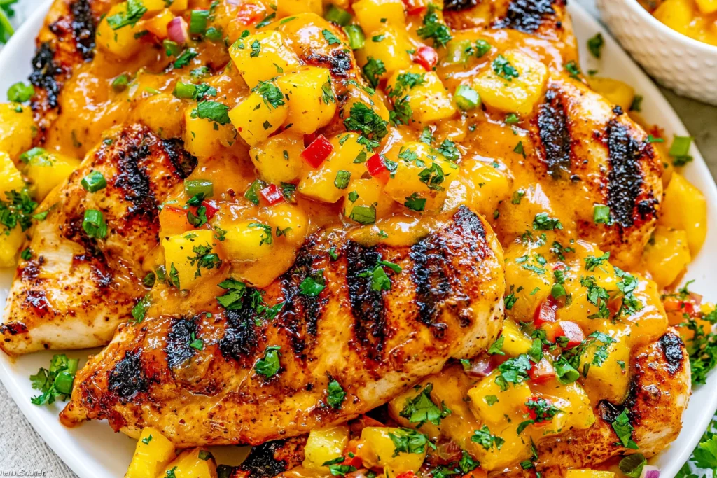 Grilled Mango Pineapple Chicken topped with fresh mango pineapple salsa and cilantro, featuring juicy grilled chicken with charred edges