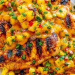 Grilled Mango Pineapple Chicken topped with fresh mango pineapple salsa and cilantro, featuring juicy grilled chicken with charred edges