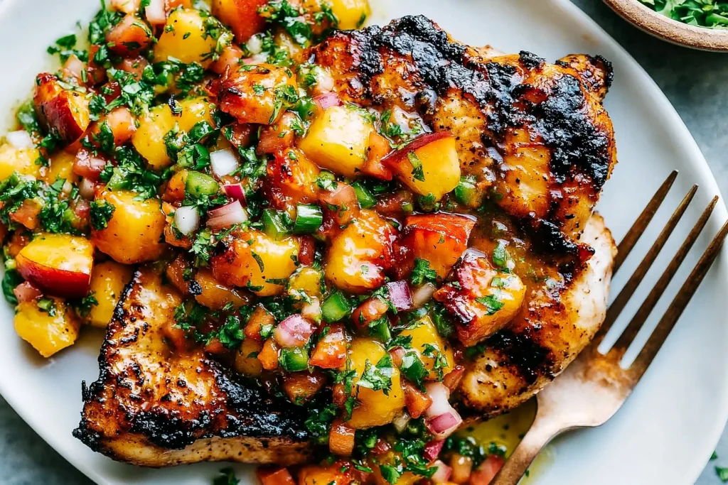 Peach Salsa Chicken with charred grilled chicken breast topped with chunky fresh peach salsa, herbs, and diced vegetables