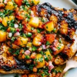Peach Salsa Chicken with charred grilled chicken breast topped with chunky fresh peach salsa, herbs, and diced vegetables