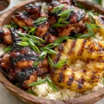 Hawaiian Chicken BBQ with grilled pineapple, glazed chicken, and rice topped with green onions
