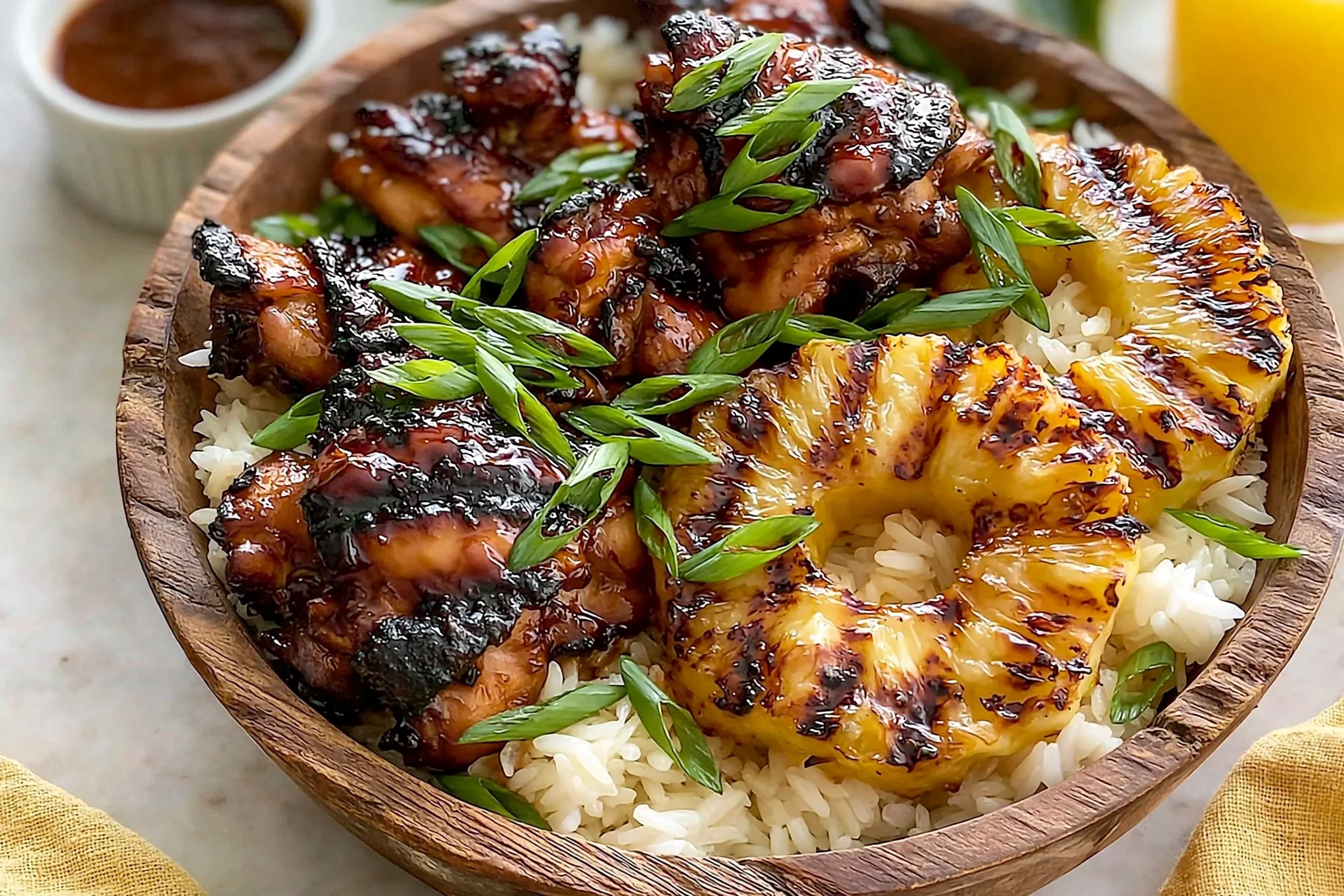 Hawaiian Chicken BBQ with grilled pineapple, glazed chicken, and rice topped with green onions