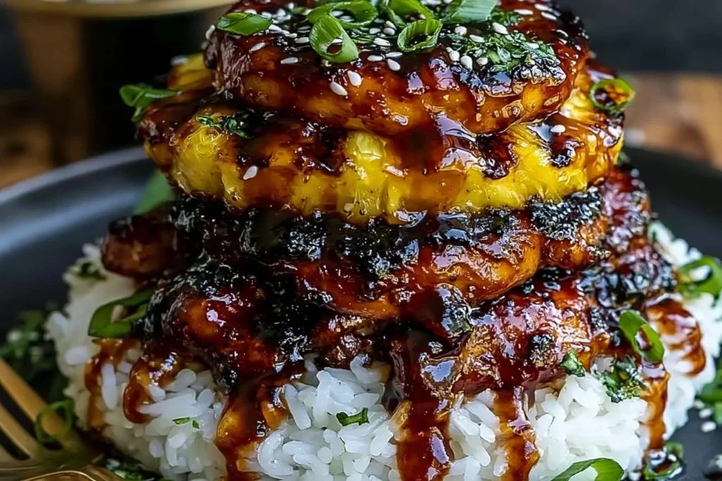 Hawaiian Huli Huli Chicken Stack with grilled pineapple, glazed chicken, and rice topped with sesame seeds and green onions