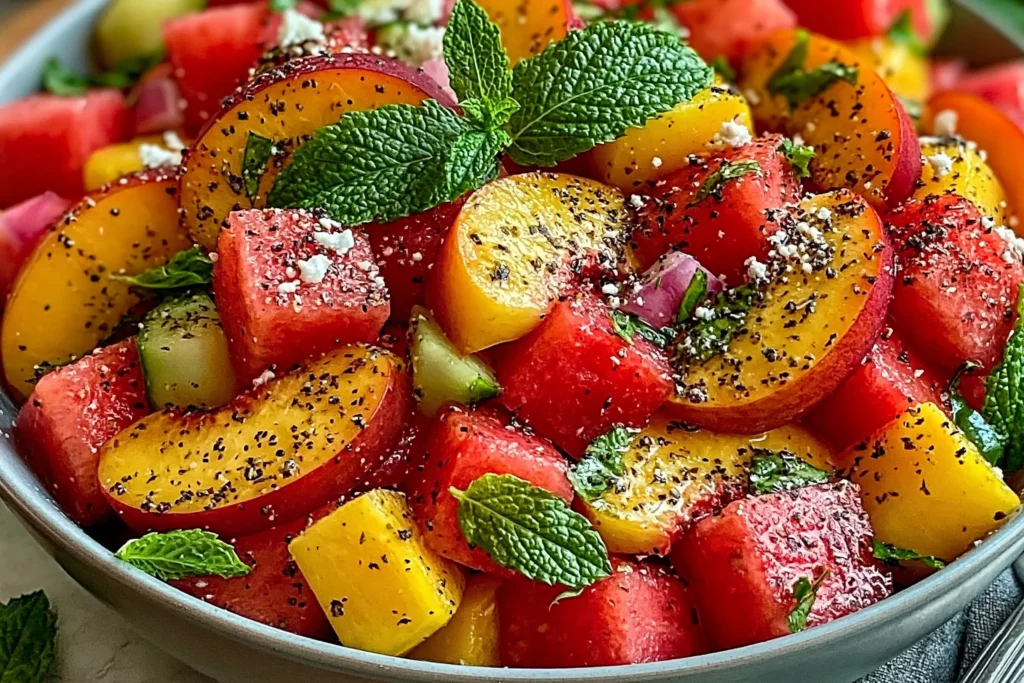 Close-up of Summer Peach Watermelon Salad with juicy peaches, watermelon cubes, fresh mint, and cracked black pepper seasoning
