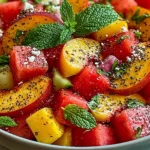 Close-up of Summer Peach Watermelon Salad with juicy peaches, watermelon cubes, fresh mint, and cracked black pepper seasoning