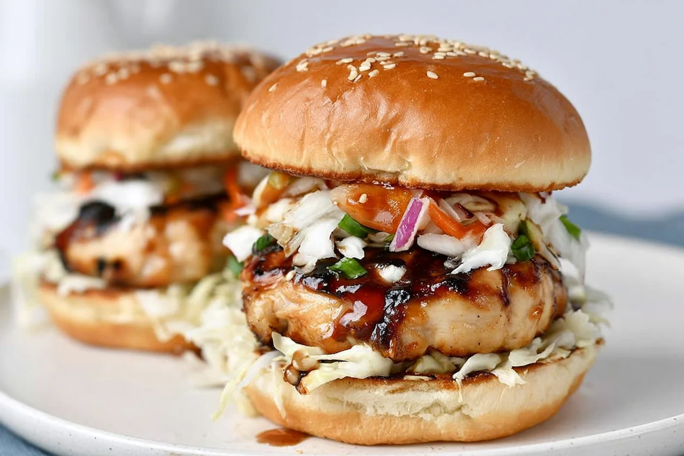 Chicken Teriyaki Burgers with glazed chicken patty, crunchy slaw, and sesame brioche bun on a white plate