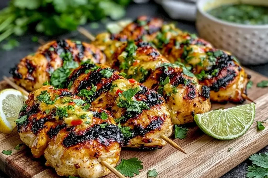 Key West Grilled Chicken skewers with charred glaze, fresh cilantro, and lime wedges on a wooden board