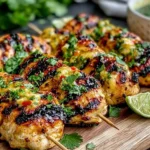 Key West Grilled Chicken skewers with charred glaze, fresh cilantro, and lime wedges on a wooden board