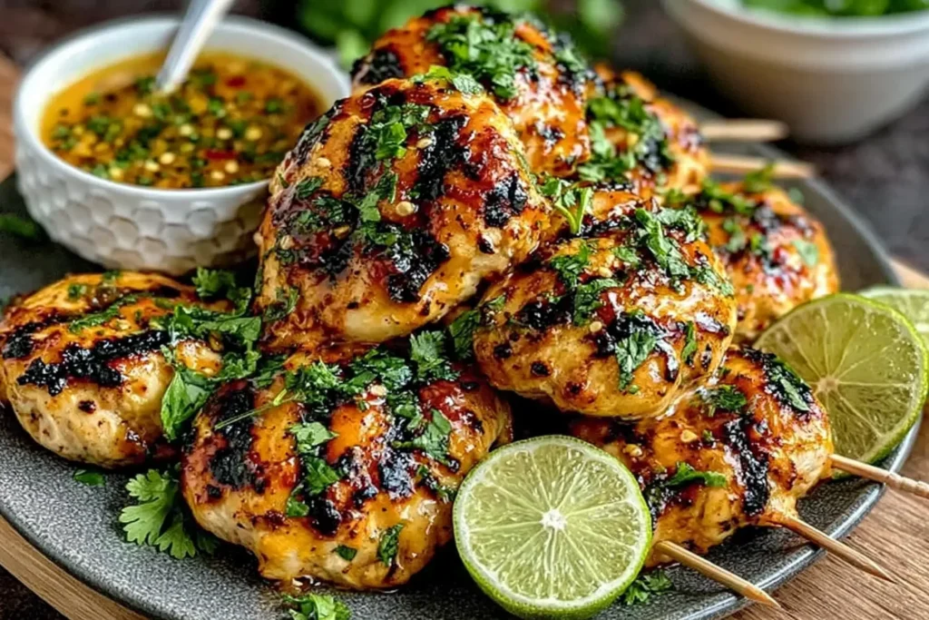 Key West Grilled Chicken skewers glazed with honey lime sauce, topped with fresh cilantro and served with lime slices