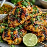 Key West Grilled Chicken skewers glazed with honey lime sauce, topped with fresh cilantro and served with lime slices
