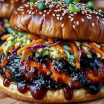 Korean BBQ Chicken Sandwich with cabbage slaw on a toasted brioche bun with juicy glazed chicken and crunchy vegetables