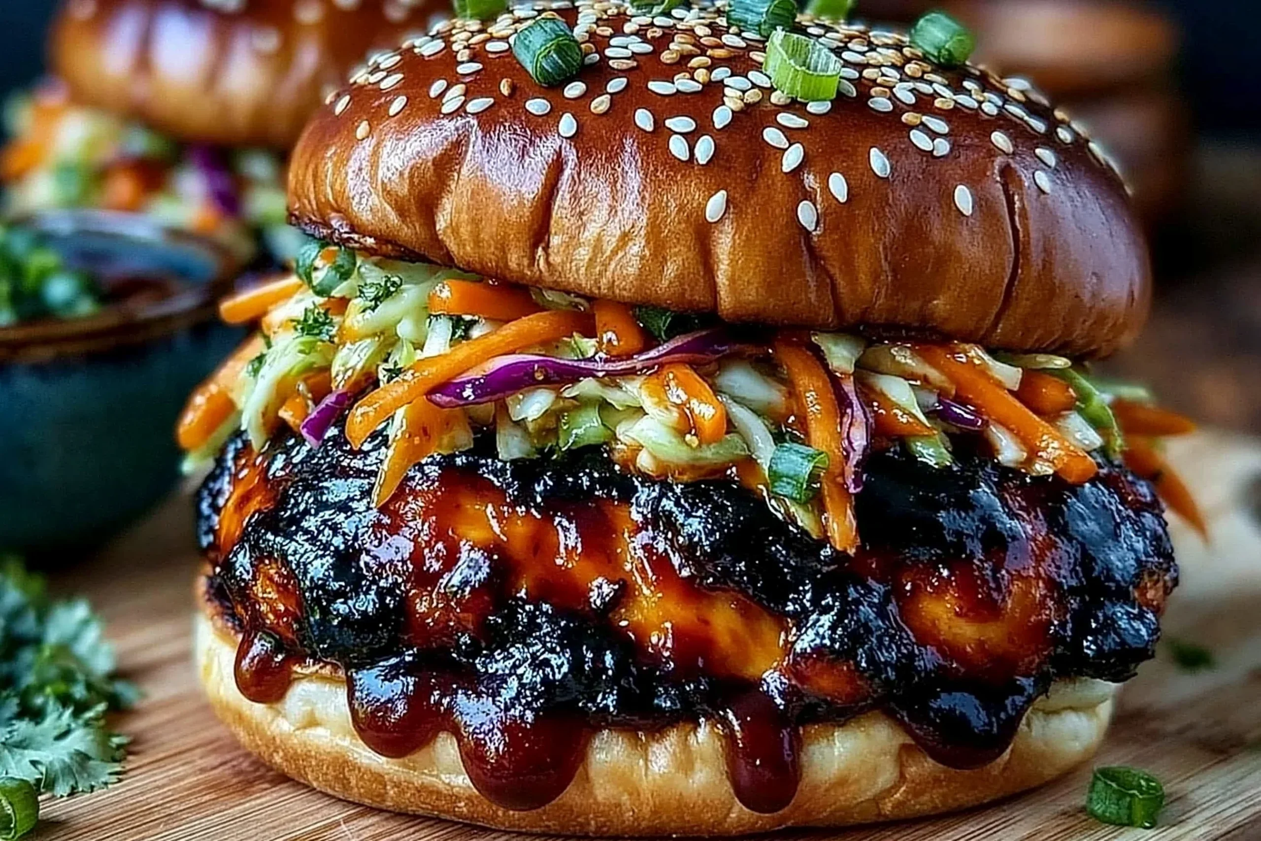 Korean BBQ Chicken Sandwich with cabbage slaw on a toasted brioche bun with juicy glazed chicken and crunchy vegetables