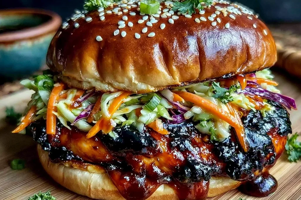Korean BBQ Chicken Sandwich with cabbage slaw featuring juicy glazed chicken, toasted sesame bun, and fresh crunchy vegetables
