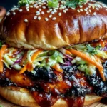 Korean BBQ Chicken Sandwich with cabbage slaw featuring juicy glazed chicken, toasted sesame bun, and fresh crunchy vegetables