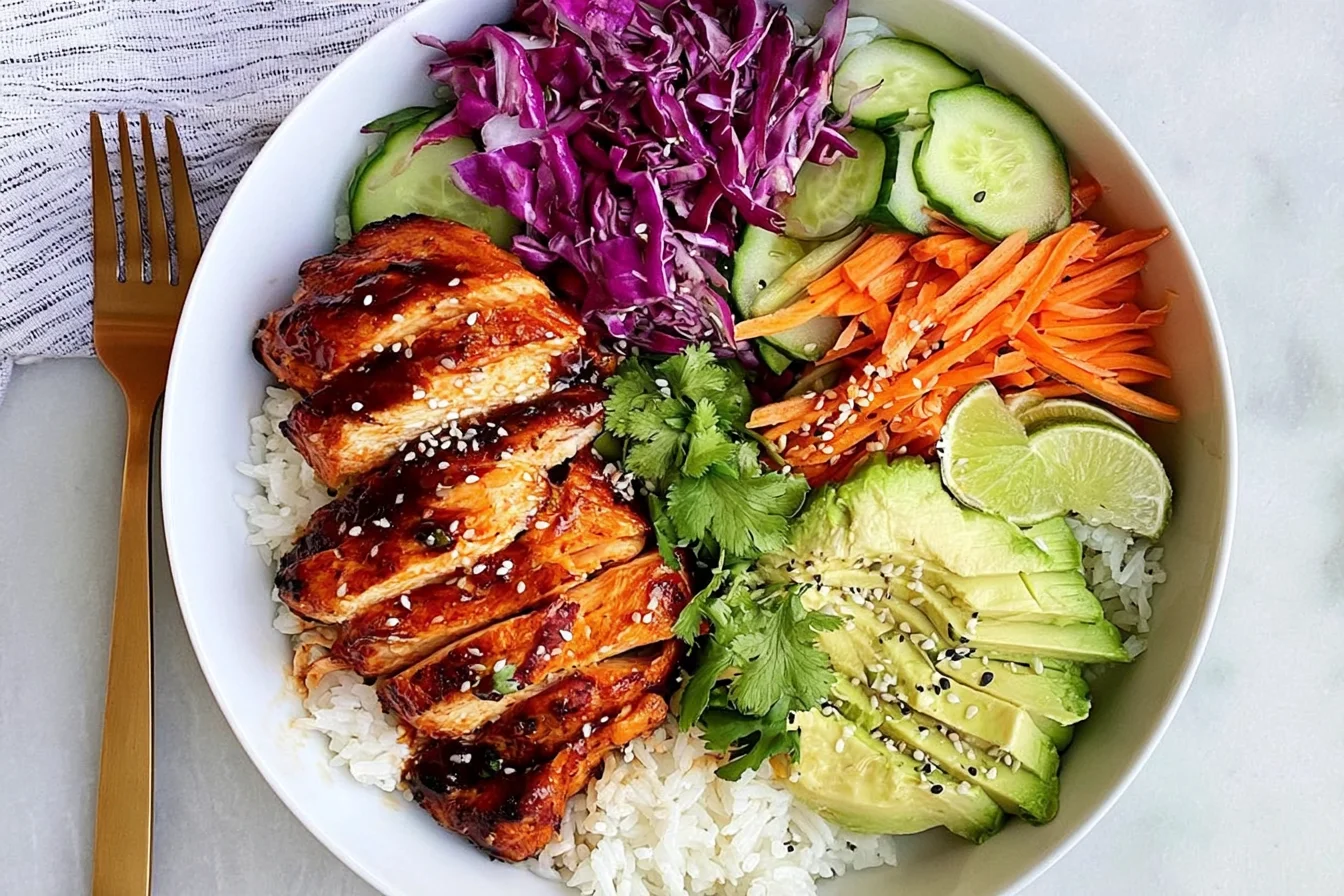 Korean Chicken Rice Bowls with grilled marinated chicken, rice, avocado, cabbage, carrots, and sesame seeds in a vibrant bowl