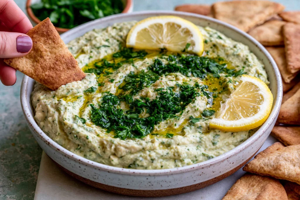 Creamy Lemon & Herb White Bean Dip topped with fresh herbs, olive oil, and lemon slices served with pita chips