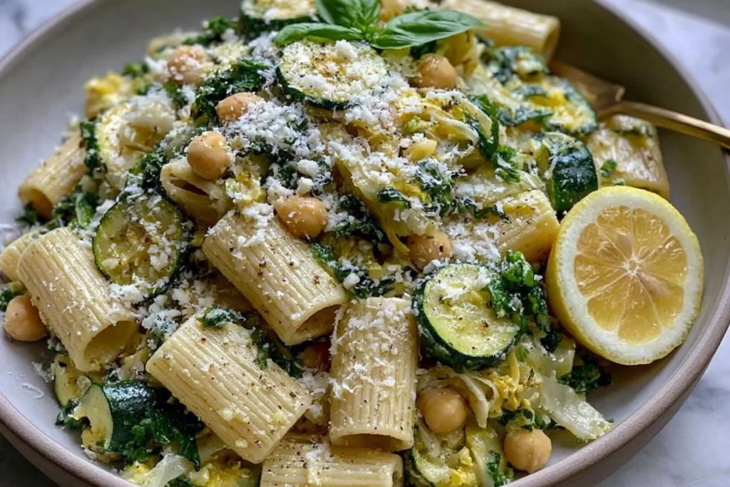 Close-up of Lemon Zucchini Rigatoni with Chickpeas garnished with parmesan, fresh basil, and lemon for a bright pasta dish