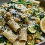 Close-up of Lemon Zucchini Rigatoni with Chickpeas garnished with parmesan, fresh basil, and lemon for a bright pasta dish