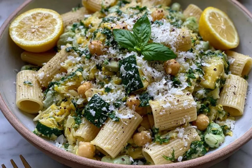 Lemon Zucchini Rigatoni with Chickpeas topped with parmesan, fresh herbs, and lemon slices in a rustic bowl