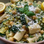 Lemon Zucchini Rigatoni with Chickpeas topped with parmesan, fresh herbs, and lemon slices in a rustic bowl