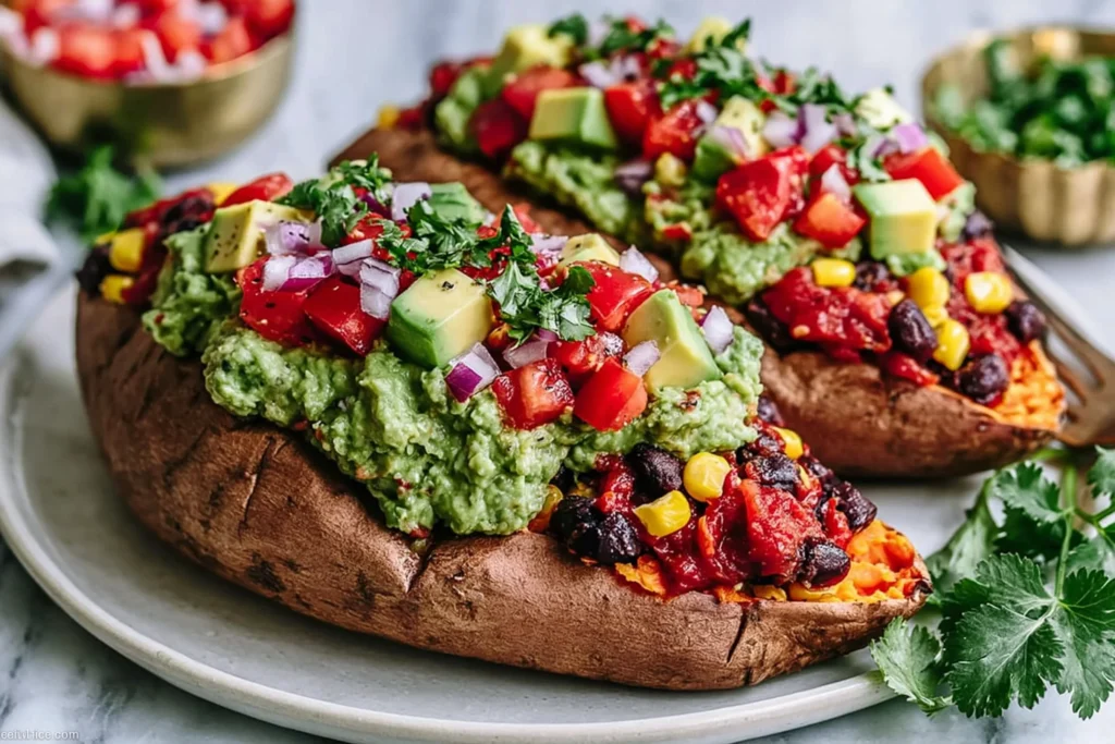 Black Bean Stuffed Sweet Potatoes topped with guacamole, tomatoes, corn, and fresh cilantro on a plate