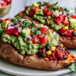 Black Bean Stuffed Sweet Potatoes topped with guacamole, tomatoes, corn, and fresh cilantro on a plate
