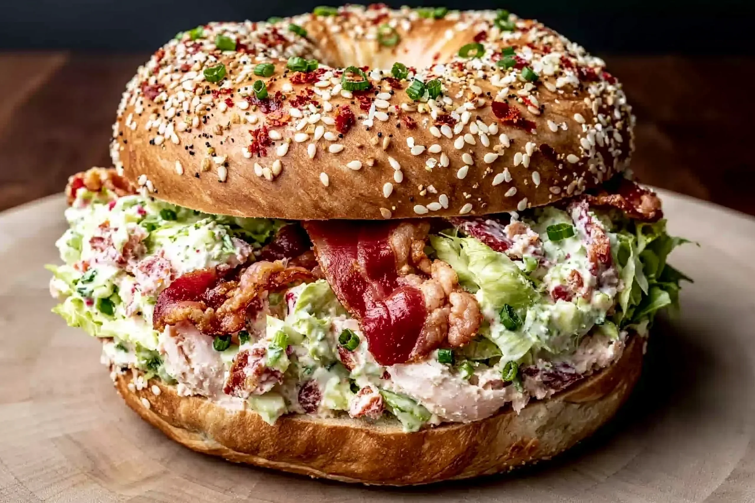 California BLT Chopped Bagel with crispy bacon, creamy avocado, lettuce, and herb cream cheese on an everything bagel