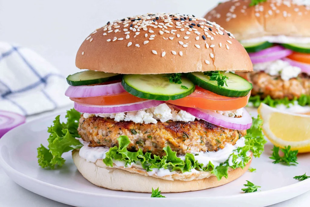 Greek Feta Turkey Burgers with tzatziki, cucumber, tomato, red onion, and feta on a sesame bun