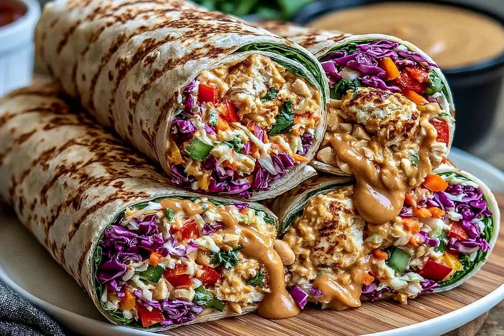 Thai Peanut Chicken Wraps with creamy peanut sauce drizzled over grilled chicken, crunchy cabbage, carrots, and fresh vegetables in toasted tortillas