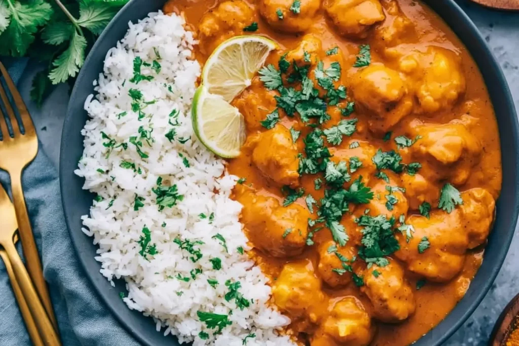 Mango Chicken Curry served with fluffy white rice, topped with cilantro and lime in a bowl