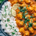 Mango Chicken Curry served with fluffy white rice, topped with cilantro and lime in a bowl