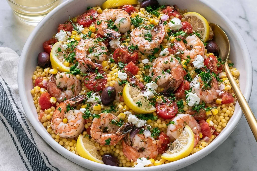 Mediterranean Couscous with Shrimp in a serving bowl with lemon slices, feta cheese, olives, and fresh herbs
