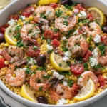 Mediterranean Couscous with Shrimp in a serving bowl with lemon slices, feta cheese, olives, and fresh herbs