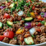 Mediterranean Ground Beef Stir-Fry with zucchini, bell peppers, cherry tomatoes, and fresh herbs in a skillet