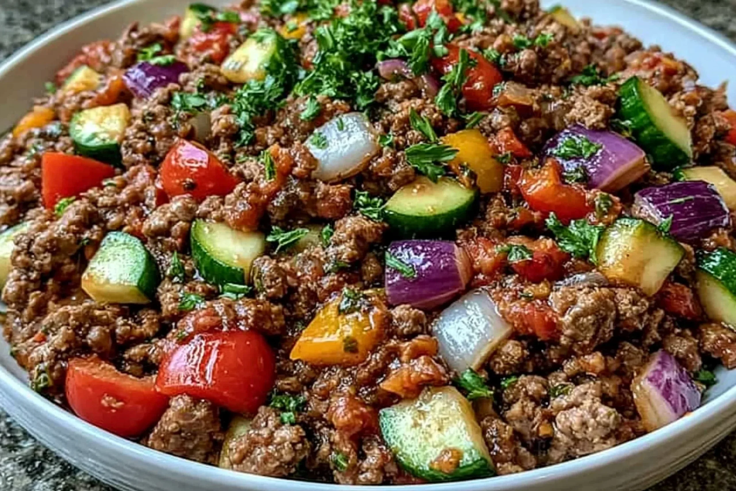 Mediterranean Ground Beef Stir-Fry with zucchini, bell peppers, cherry tomatoes, and fresh herbs in a skillet