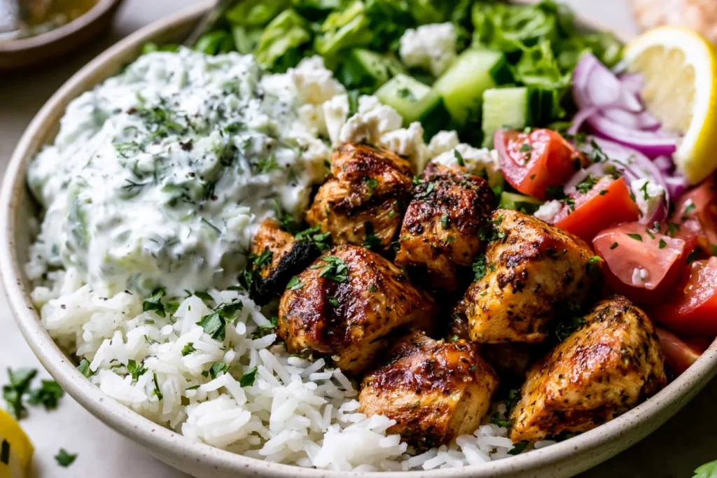 Mediterranean Lemon-Dill Chicken Bowls Recipe with grilled lemon herb chicken, basmati rice, fresh vegetables, feta, and creamy homemade tzatziki