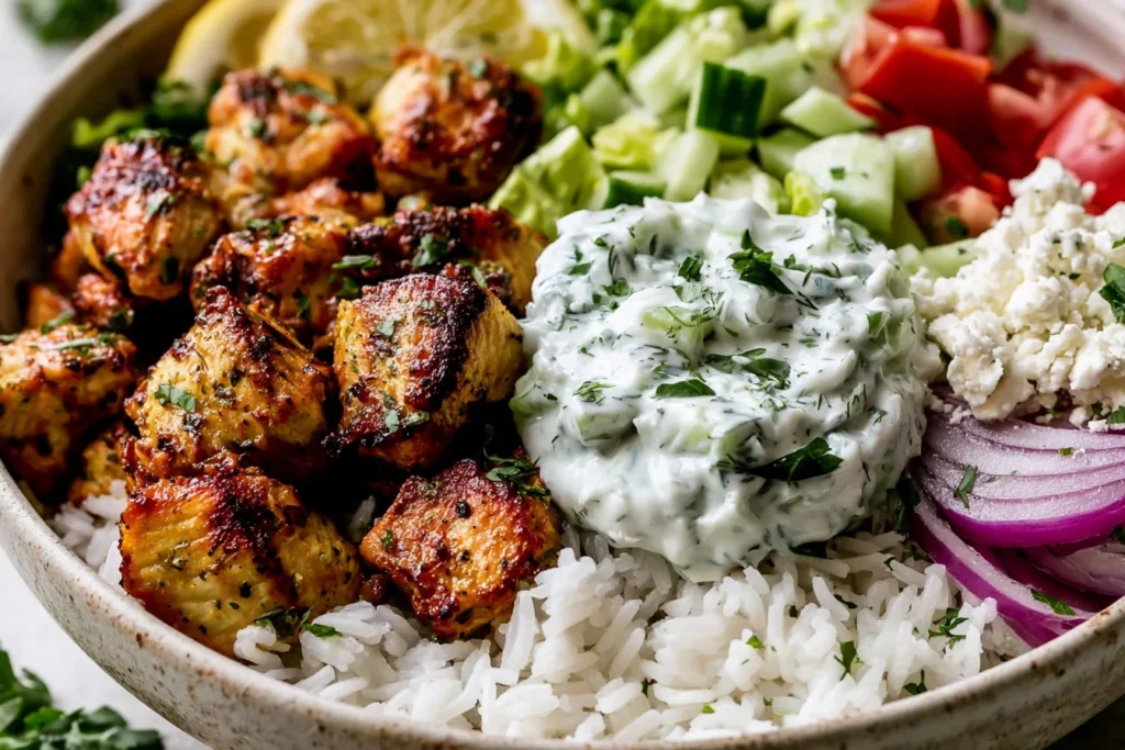 Mediterranean Lemon-Dill Chicken Bowls Recipe served with grilled chicken, rice, fresh salad, feta cheese, and creamy dill tzatziki