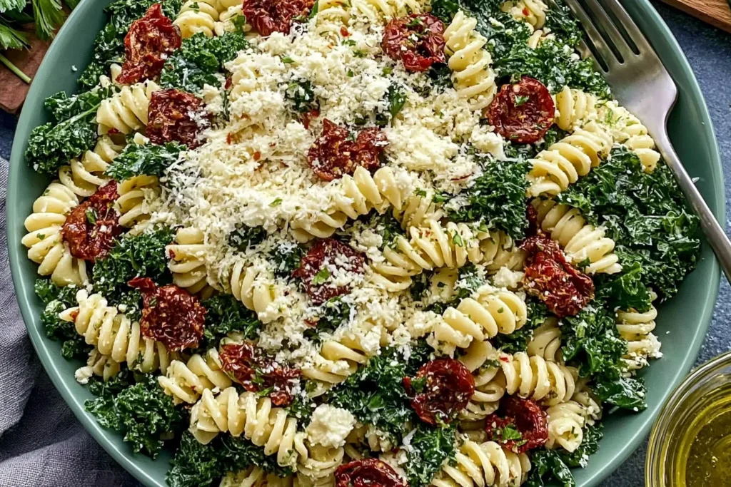 Mediterranean Pasta Salad with Kale featuring rotini pasta, sun-dried tomatoes, feta cheese, and creamy basil dressing in a serving bowl