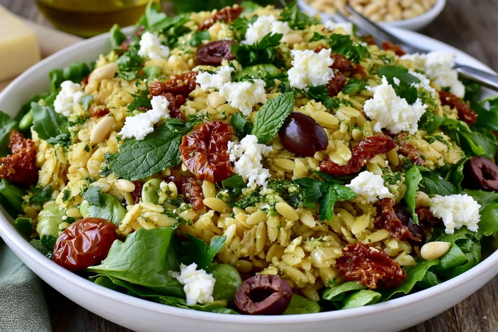 Sundried Tomato Orzo Pesto Salad with olives, feta, chickpeas, and fresh herbs served in a vibrant bowl