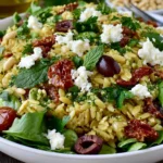 Sundried Tomato Orzo Pesto Salad with olives, feta, chickpeas, and fresh herbs served in a vibrant bowl