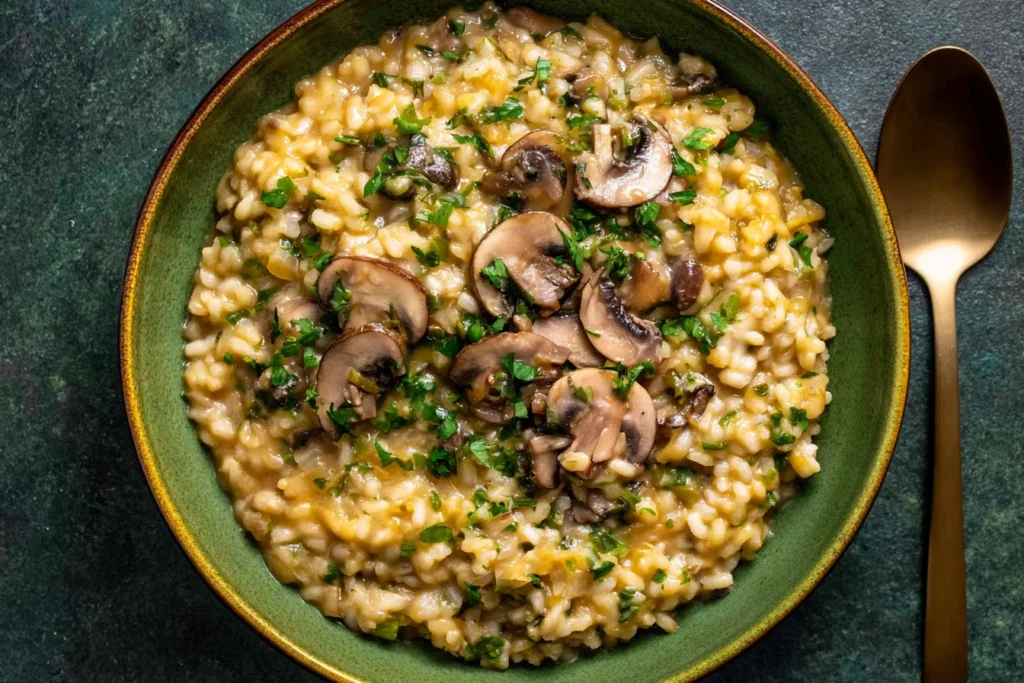 Creamy Miso Butter Mushroom Risotto topped with sautéed mushrooms and fresh parsley in a rustic bowl