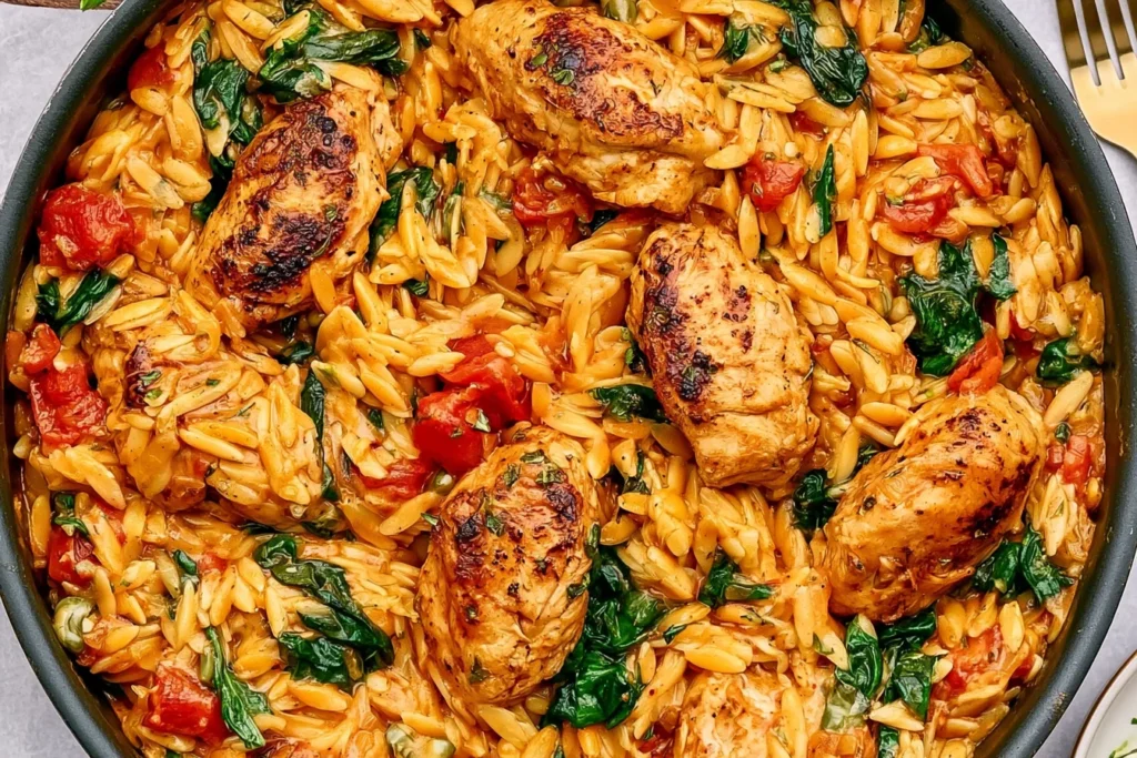 Creamy Cajun Chicken Orzo skillet with golden seared chicken, spinach, and tomatoes in a rich, flavorful sauce